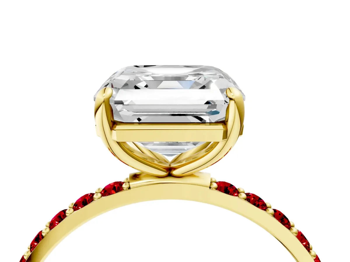 Asscher Cut Diamond Solitaire Ring with Round Ruby Pavé Band and Prong Setting Yellow gold