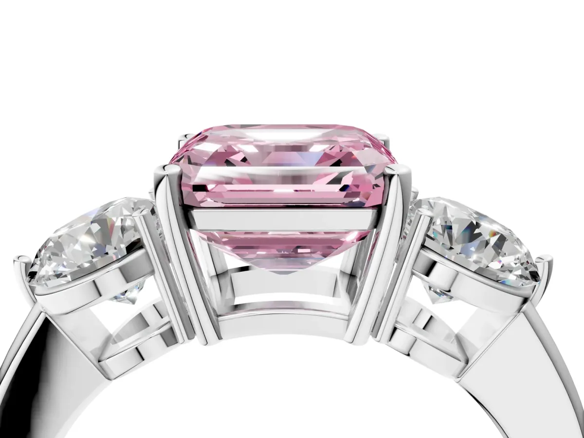 Fancy Pink Asscher Cut Diamond Three-Stone Ring with Prong Setting and Classic Band Platinum