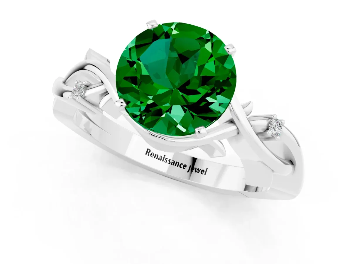 Round Cut Emerald Solitaire Ring with Twisted Band and Prong Setting White gold