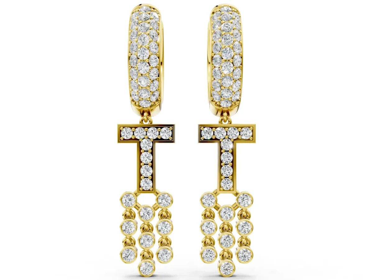 Round Diamond Initial T Huggie Hoop Earrings Yellow gold