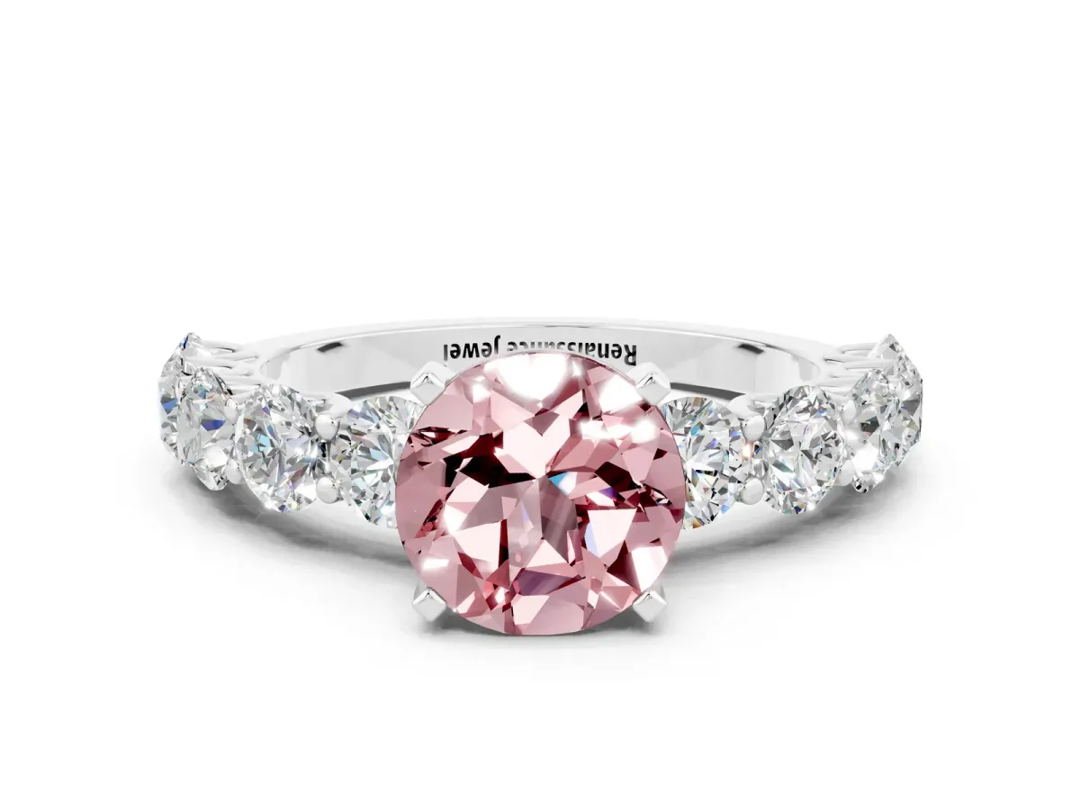 Round Cut Morganite Prong Setting with Side Stones on a Pave Band Silver