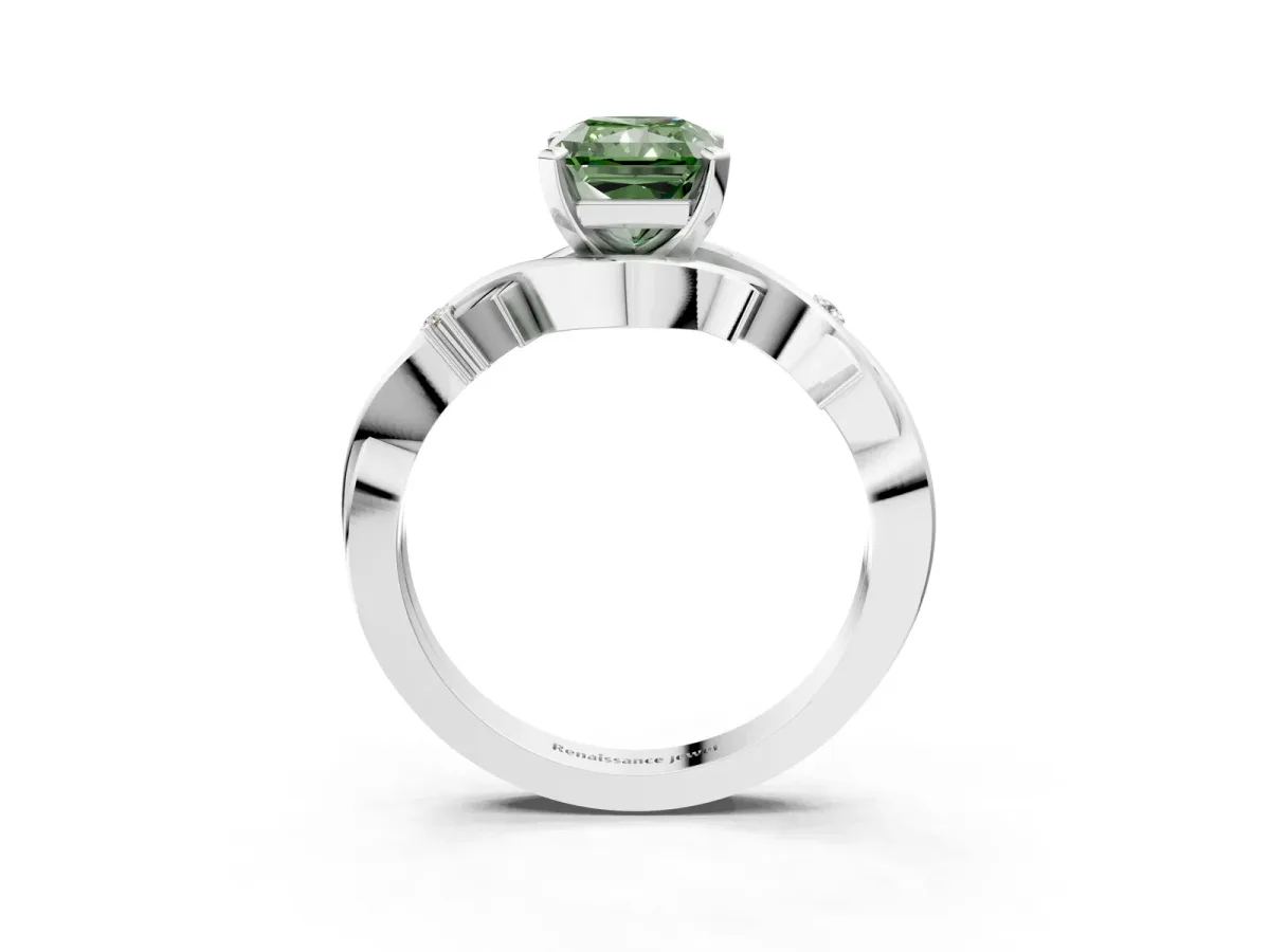 Fancy Green Radiant Cut Diamond Solitaire Ring with Twisted Band and Prong Setting Silver