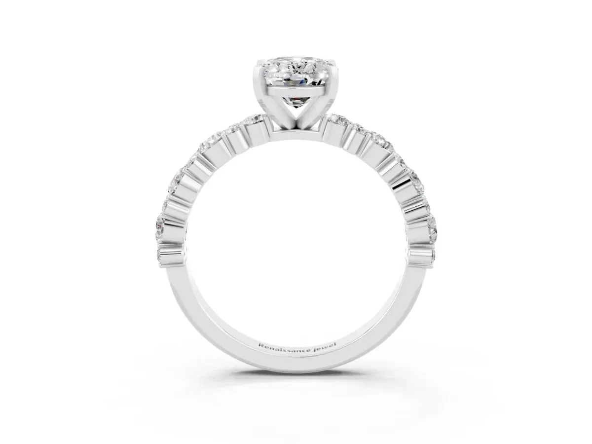 Oval Cut Moissanite Side Stone Solitaire Ring with Round and Four-Prong Setting White gold