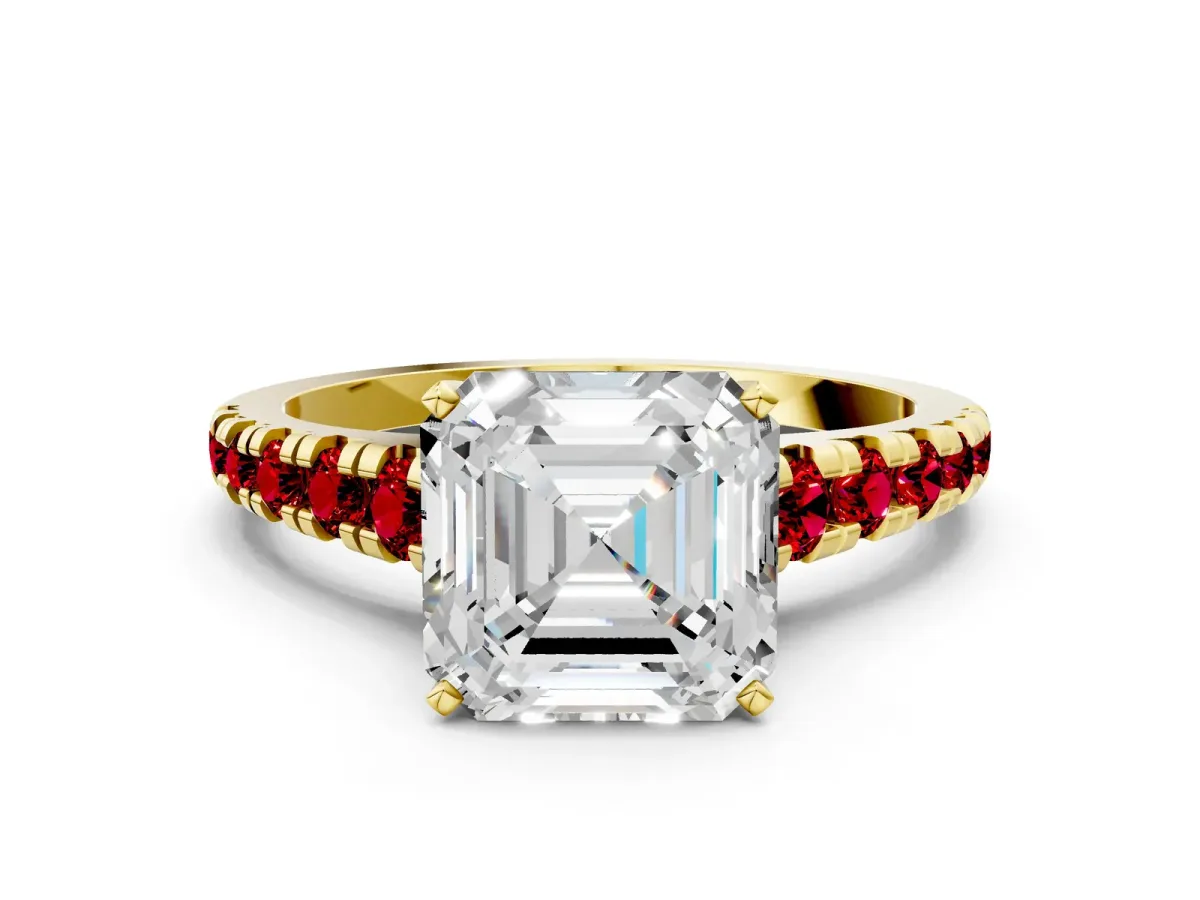 Asscher Cut Diamond Cathedral Solitaire Ring with Round Ruby Pavé Band Yellow gold