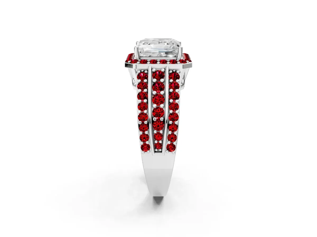 Princess Cut Halo Diamond Ring with Round Ruby Split Shank and Prong Setting Platinum