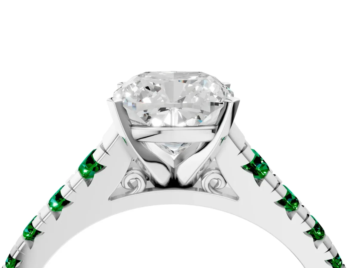 Cushion Cut Diamond Cathedral Solitaire Ring with Round Emerald Pavé Band Platinum