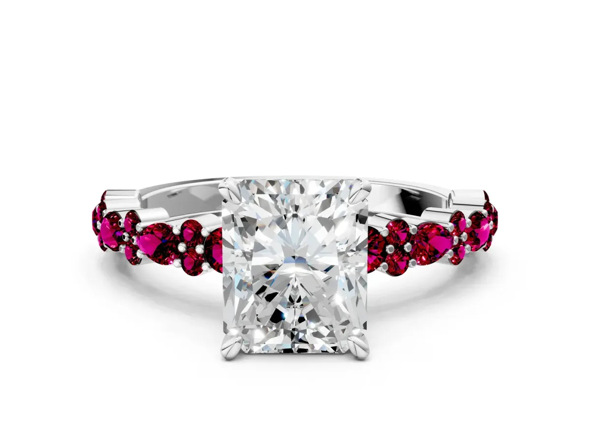 Radiant Cut Diamond Side Stone Solitaire Ring with Round Garnet and Four-Prong Setting Platinum