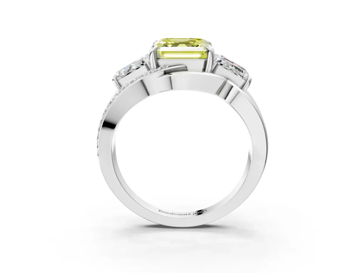 Fancy Yellow Three-Stone Asscher Cut Cut Diamond Split Shank Prong Set Ring Platinum