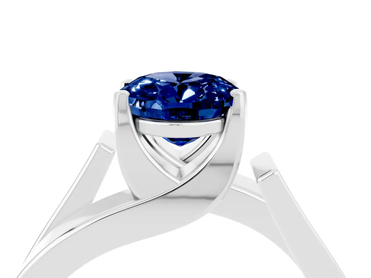 Modern Tension Set Oval Cut Blue Sapphire Solitaire Wide Band Ring Silver