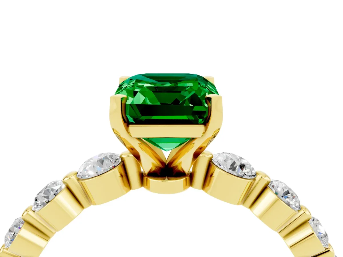 Emerald Cut Solitaire Emerald Ring with Pave Band and Four-Prong Setting Yellow gold
