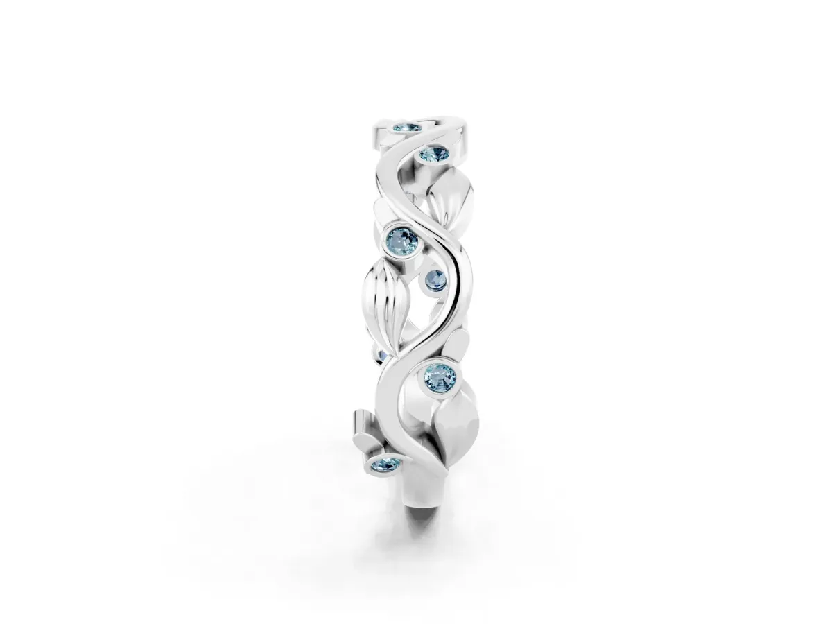 Round Aquamarine Leaf Eternity Band with Bezel Setting White gold