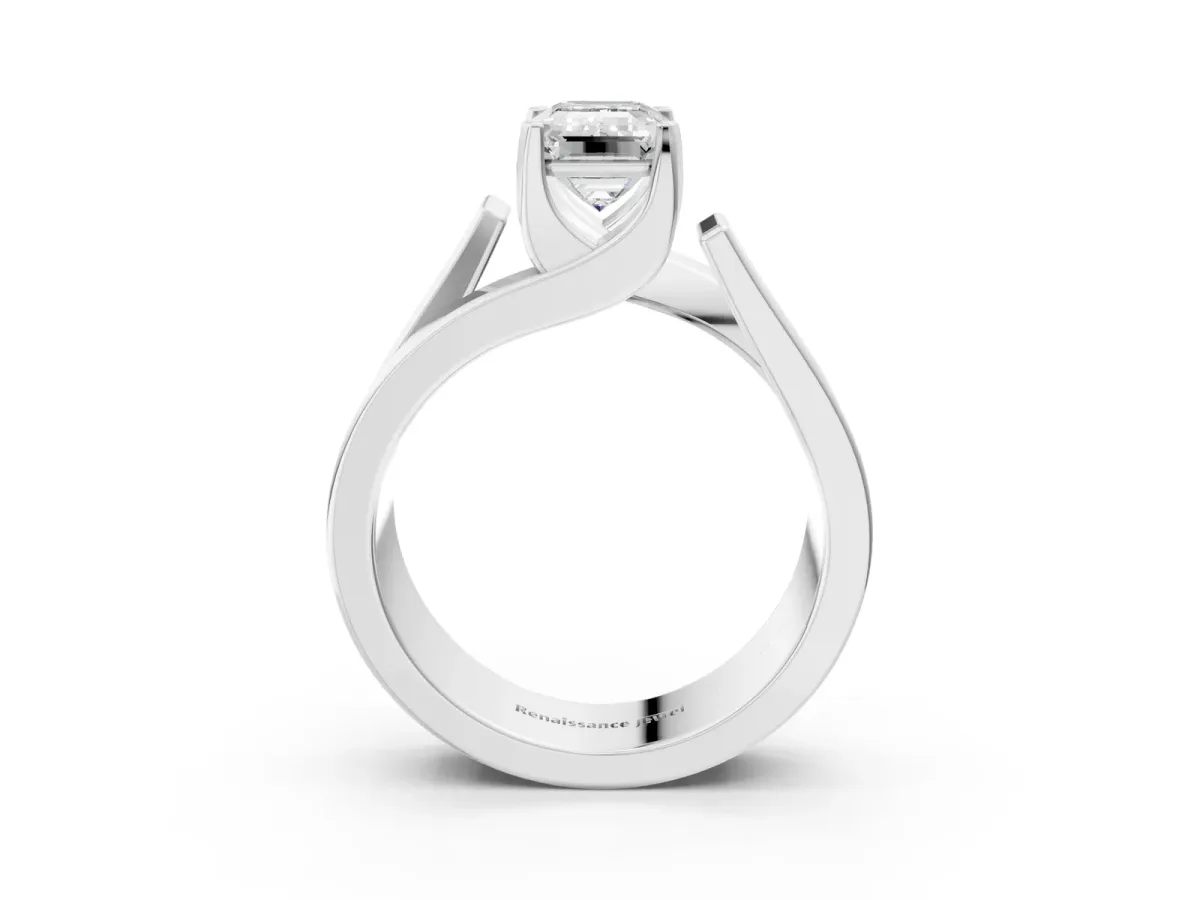 Modern Tension Set Emerald Cut Diamond Solitaire Wide Band Ring Platinum