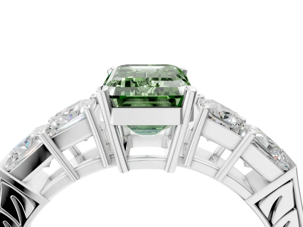 Fancy Green Emerald Cut Solitaire Princess Side Stone Engraved Band Prong Setting Ring Platinum