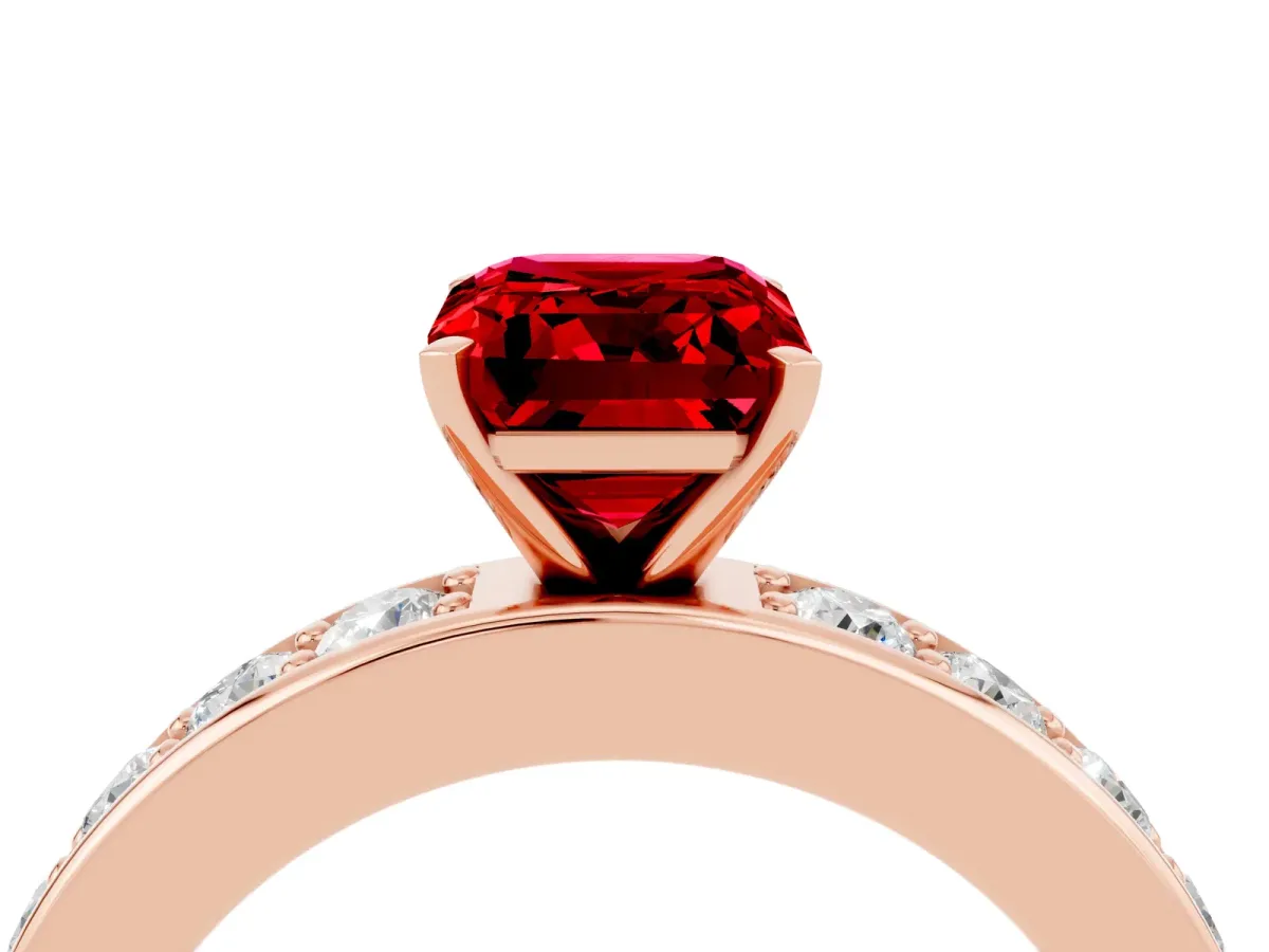 Emerald Cut Ruby Engagement Ring with Channel Set Round Band and Prong Setting Rose gold