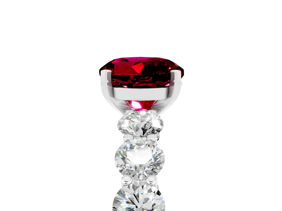 Round Cut Garnet Prong Setting with Side Stones on a Pave Band Platinum
