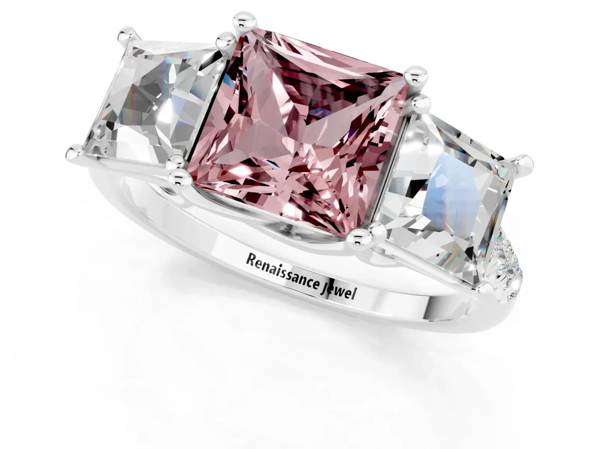 Three-Stone Princess Cut Morganite Ring with Round Pavé Band and Prong Setting Silver