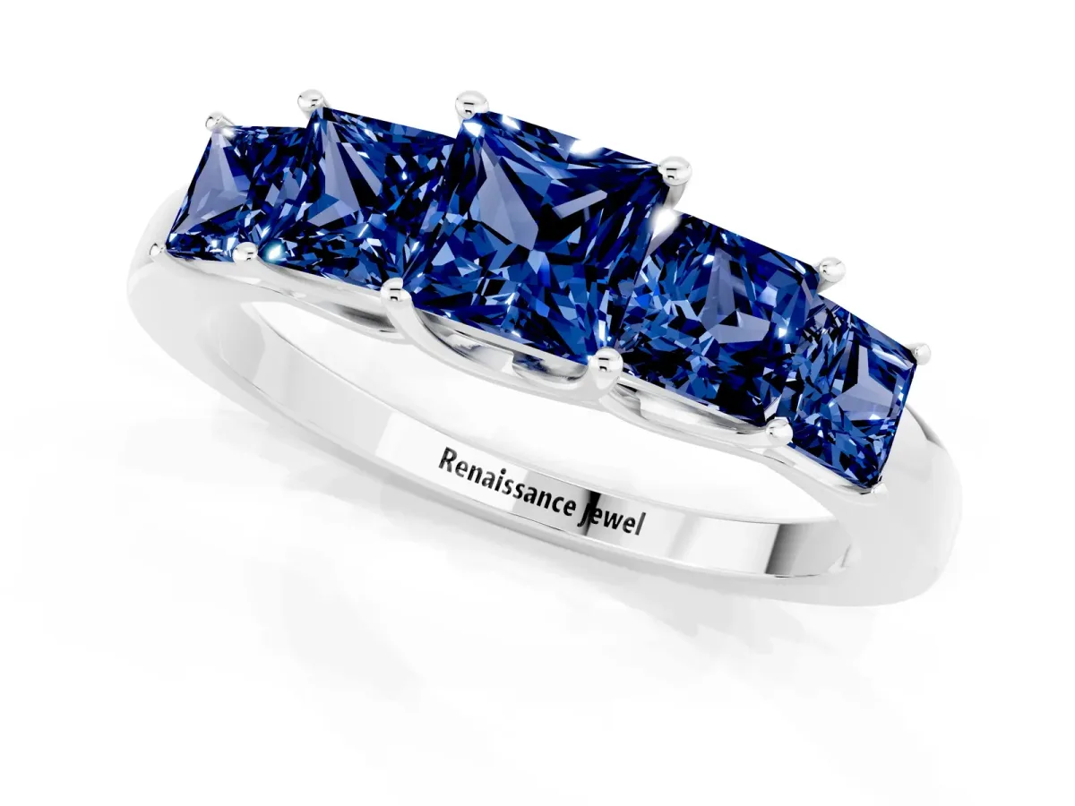 Princess Cut Five-Stone Blue Sapphire Ring with Classic Prong Setting Silver