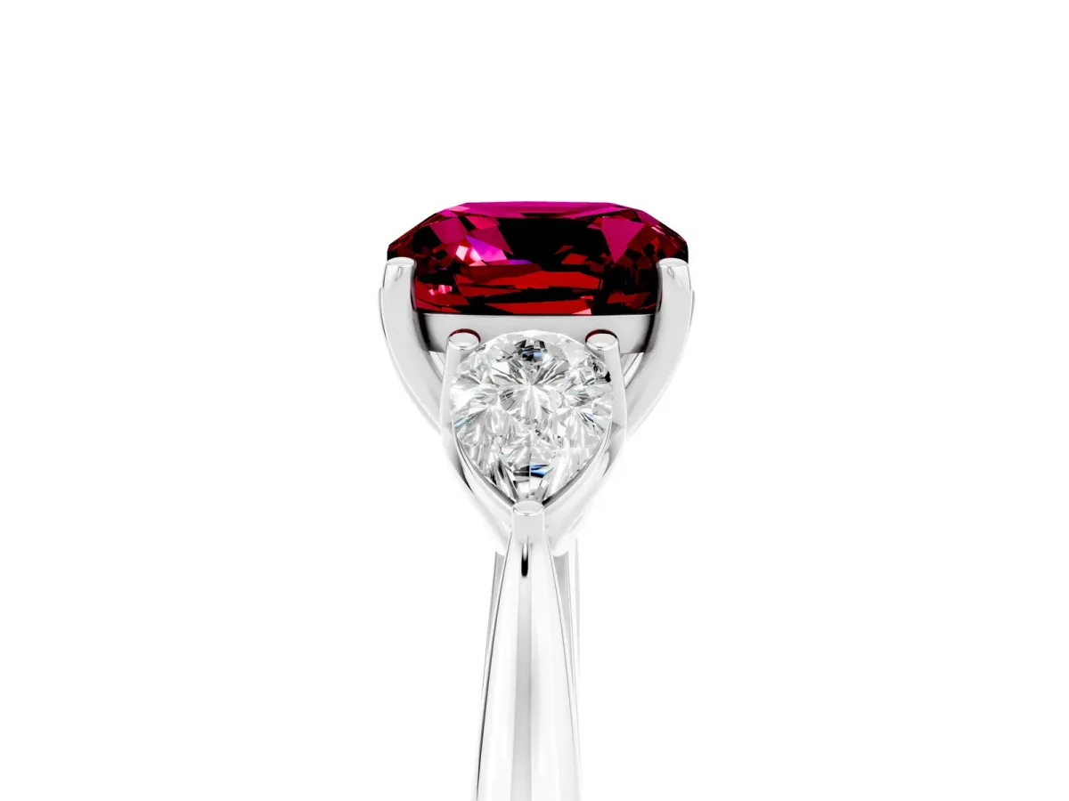 Three-Stone Cushion Cut Garnet Ring with Pear Side Stones in Four-Prong Setting White gold