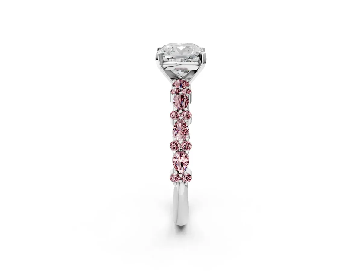 Cushion Cut Diamond Side Stone Solitaire Ring with Round Morganite and Four-Prong Setting Silver