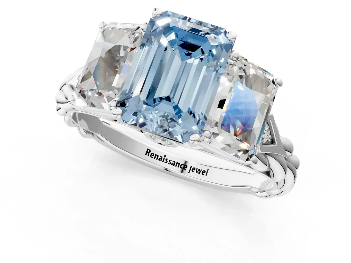 Fancy Blue Three-Stone Emerald Cut Diamond Braided Band Ring with Four-Prong Setting Silver