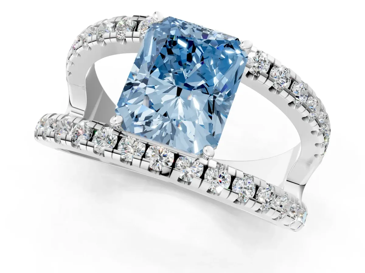 Fancy Blue Radiant Cut Solitaire Split Shank Pave Diamond Ring Platinum