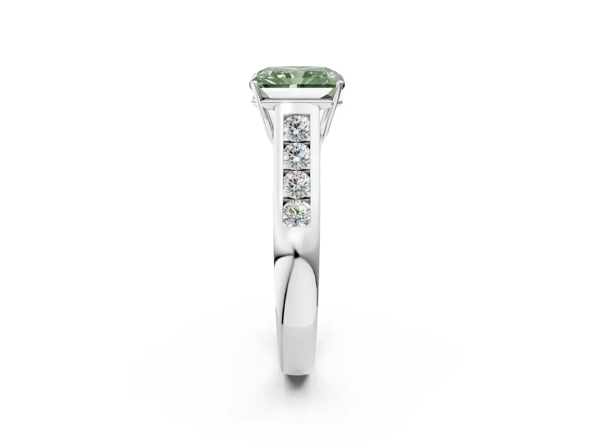 Fancy Green Radiant Cut Brilliant Channel-Set Solitaire Ring with Four-Prong Setting Platinum