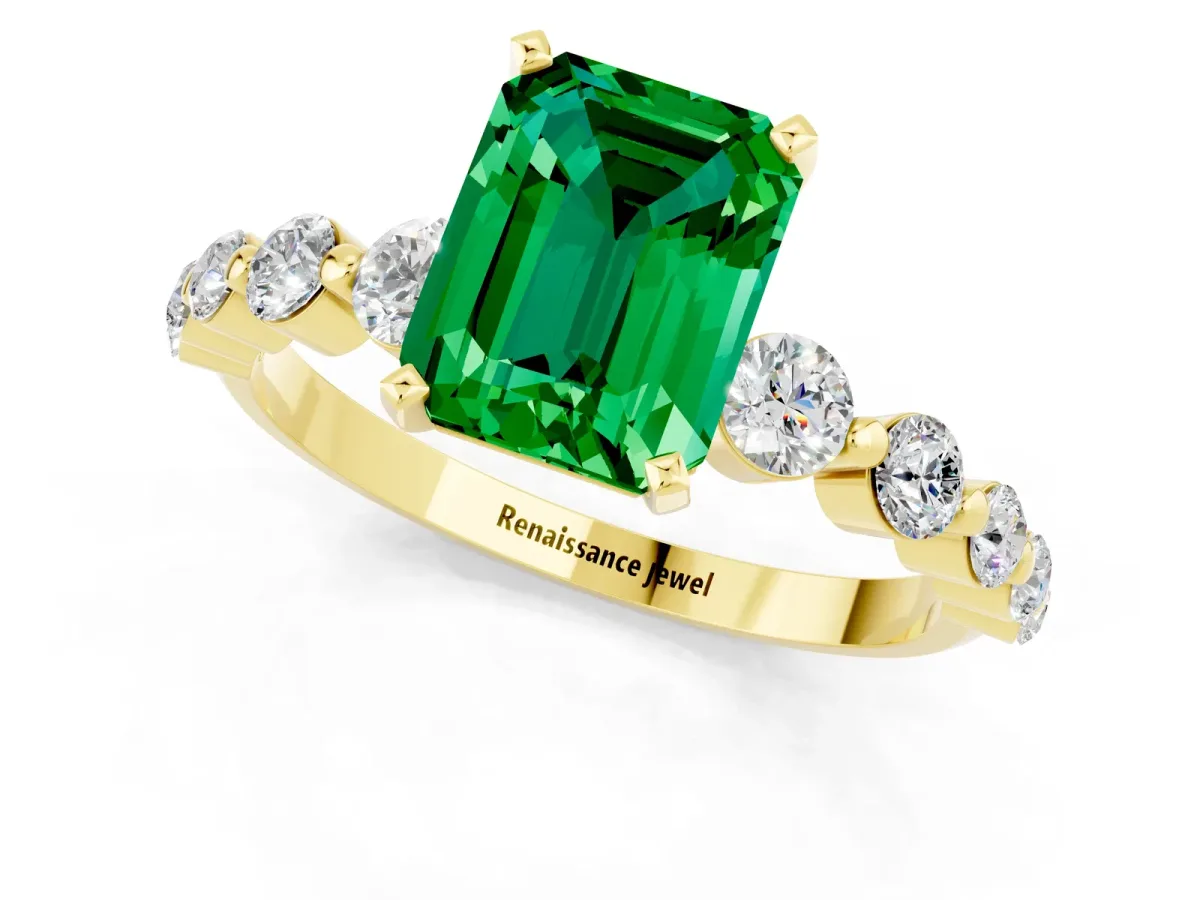 Emerald Cut Solitaire Emerald Ring with Pave Band and Four-Prong Setting Yellow gold