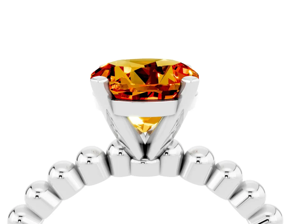 Round Cut Citrine Solitaire Ring with Beaded Band and Prong Setting Platinum