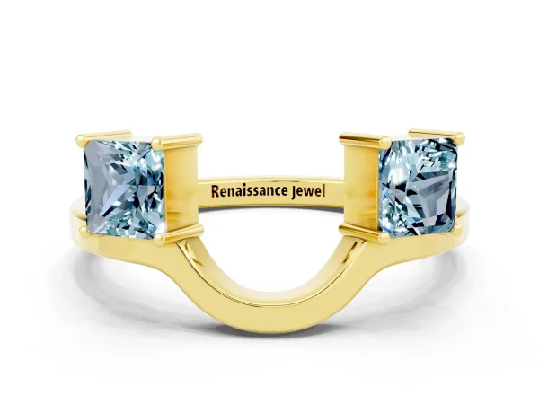 Princess Cut Aquamarine Two-Stone Open Band Ring with Four-Prong Setting Yellow gold
