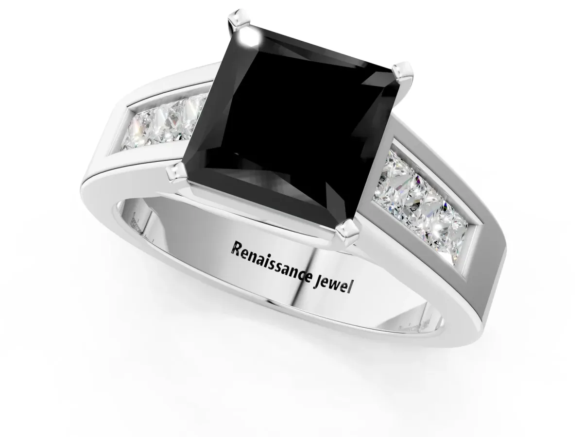 Fancy Black Princess Cut Cut Channel Set Solitaire Ring with Four-Prong Setting Silver