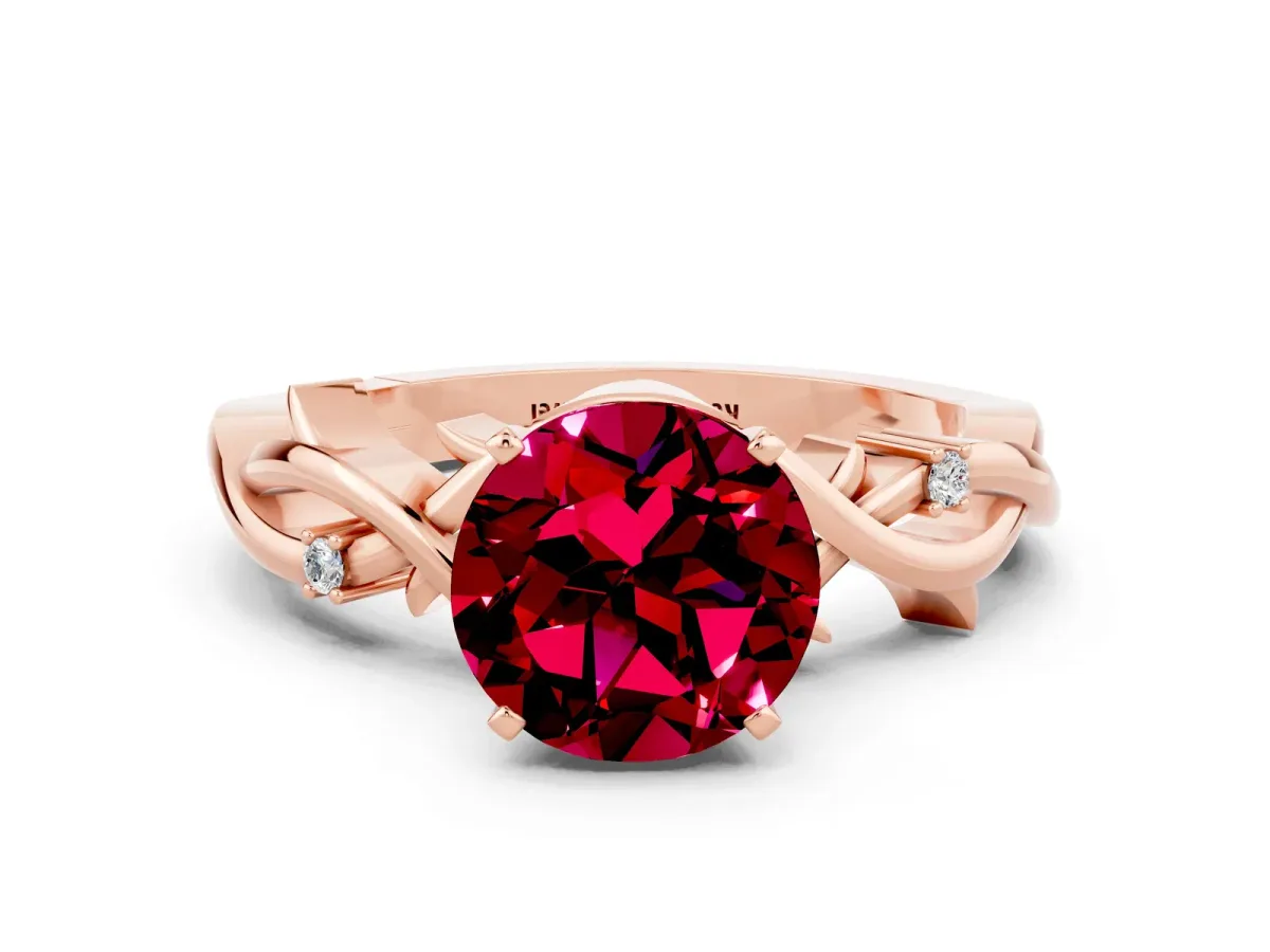 Round Cut Garnet Solitaire Ring with Twisted Band and Prong Setting Rose gold