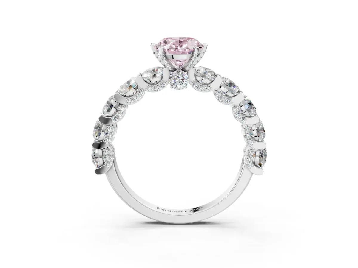 Fancy Pink Oval Cut Diamond Side Stone Engagement Ring with Four-Prong Setting Silver