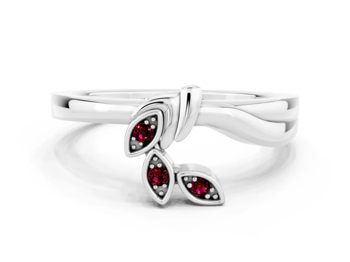 Three-Stone Round Garnet Leaf Bypass Ring with Bezel Setting Platinum
