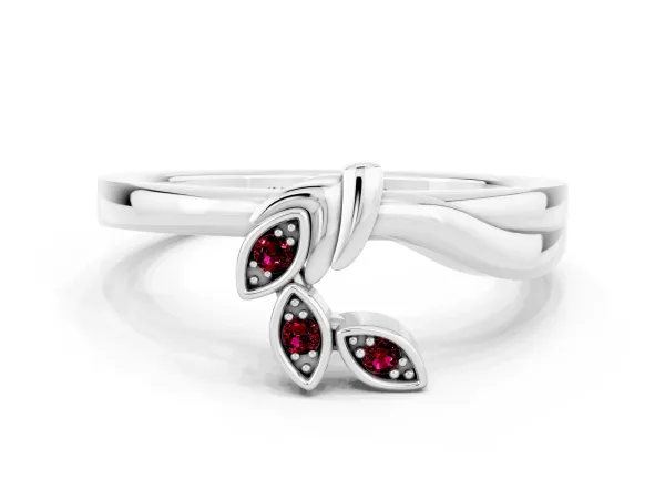 Three-Stone Round Garnet Leaf Bypass Ring with Bezel Setting Platinum