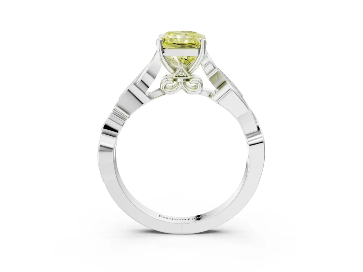 Fancy Yellow Radiant Cut Solitaire Vine Band with Milgrain Prong Setting Platinum