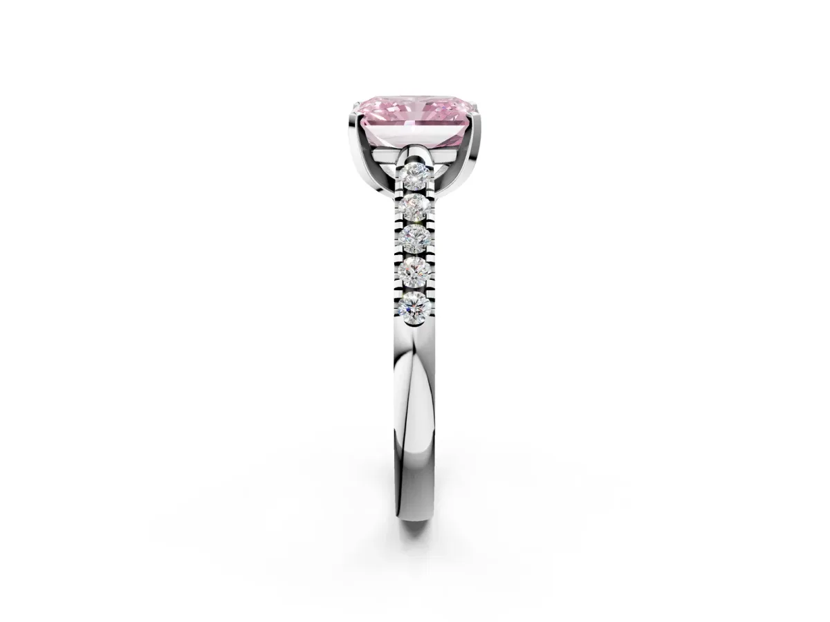 Fancy Pink Radiant Cut Diamond Pavé Band Solitaire Ring with Prong Setting Platinum