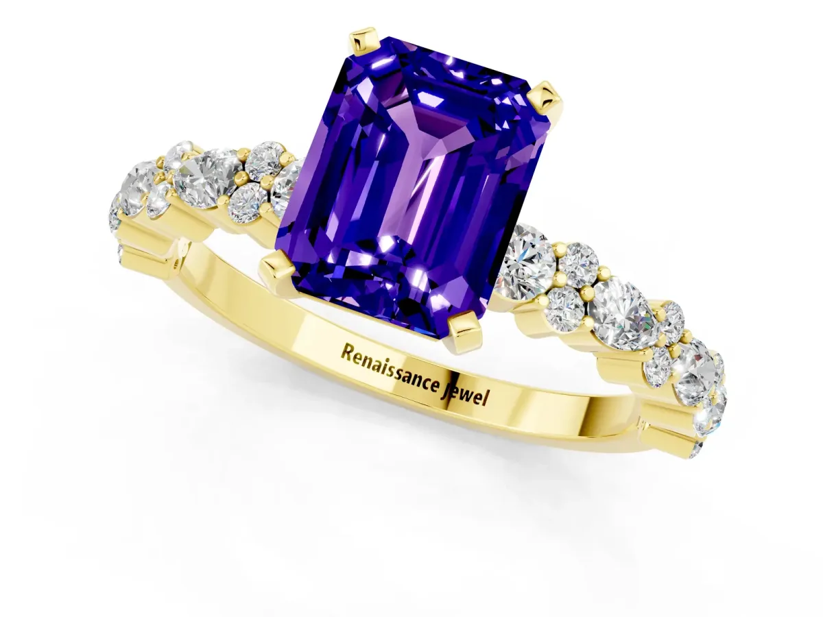 Emerald Cut Tanzanite Side Stone Solitaire Ring with Round and Four-Prong Setting Yellow gold