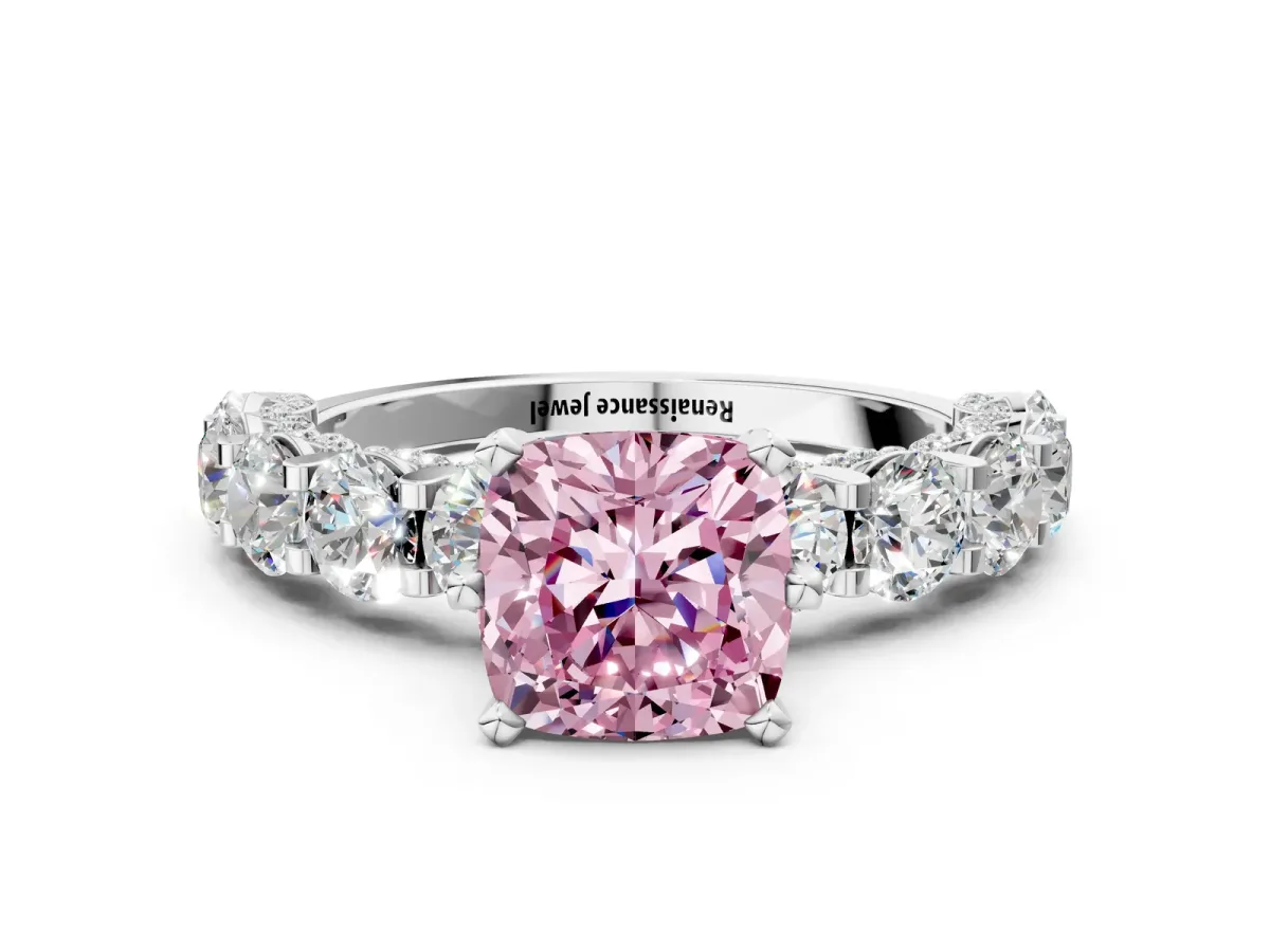 Fancy Pink Cushion Cut Diamond Side Stone Engagement Ring with Four-Prong Setting Silver