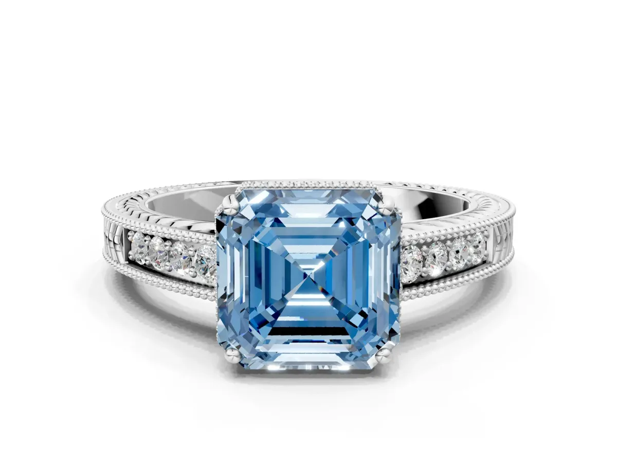 Fancy Blue Asscher Cut Cut Diamond Milgrain Pave Band Four-Prong Setting Ring Platinum
