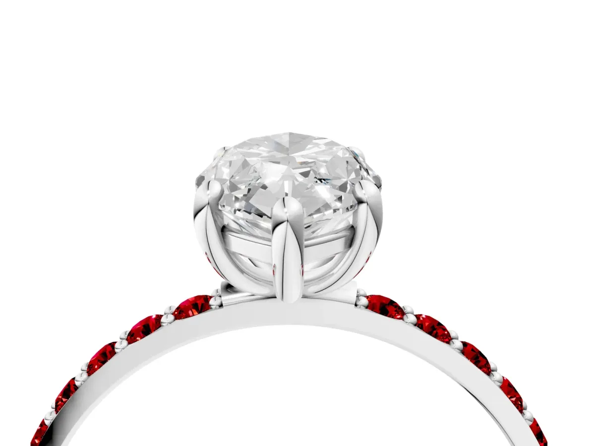 Marquise Cut Diamond Solitaire Ring with Round Ruby Pavé Band and Prong Setting Platinum