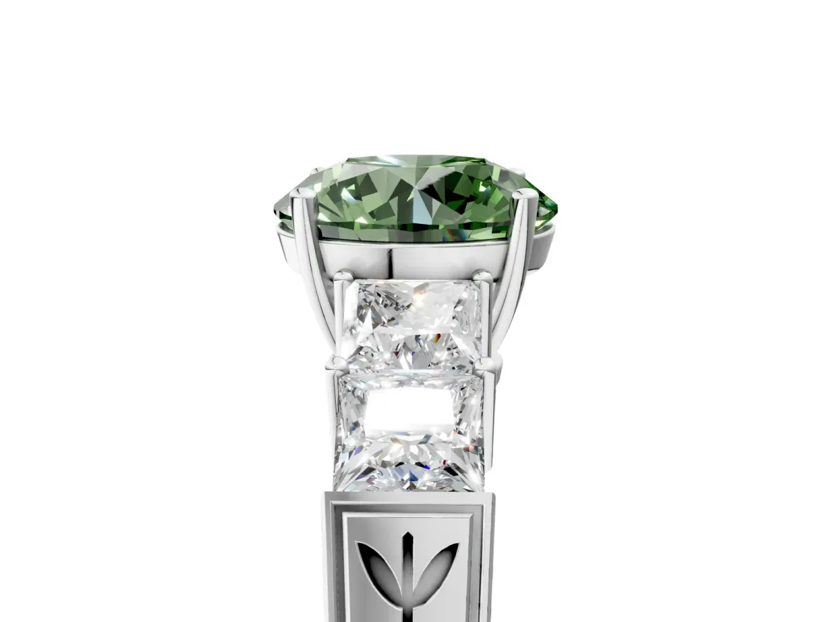 Fancy Green Round Cut Solitaire Princess Side Stone Engraved Band Prong Setting Ring Silver