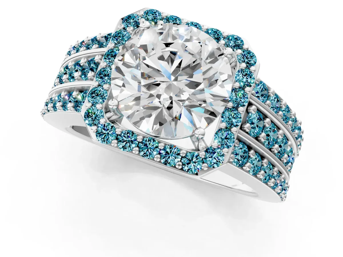 Round Cut Halo Diamond Ring with Round Blue Topaz Split Shank and Prong Setting Silver