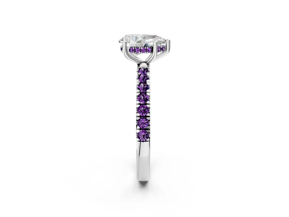 Pear Cut Diamond Pave Band Solitaire Ring with Round Amethyst and Prong Setting Platinum