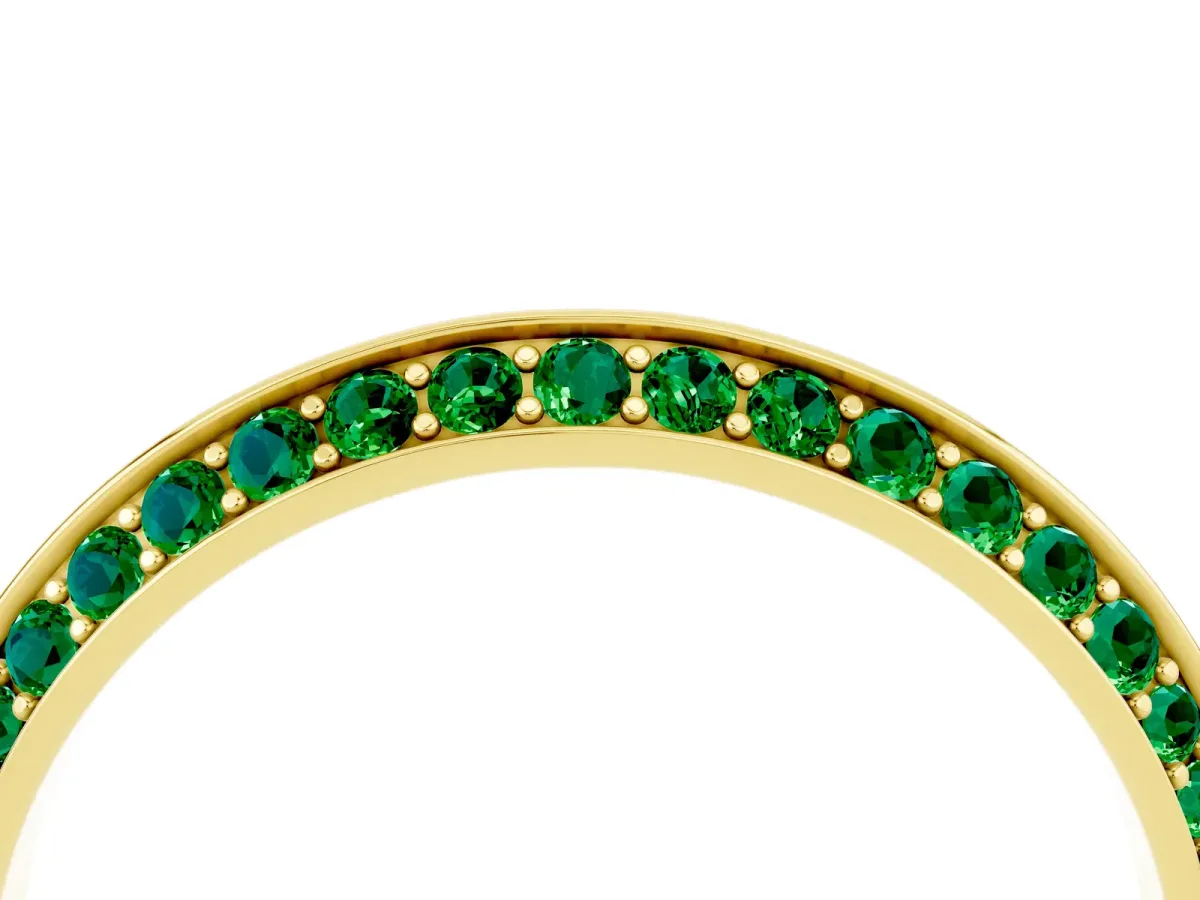 Double Row Pavé Round Emerald Eternity Band with Channel Setting Yellow gold