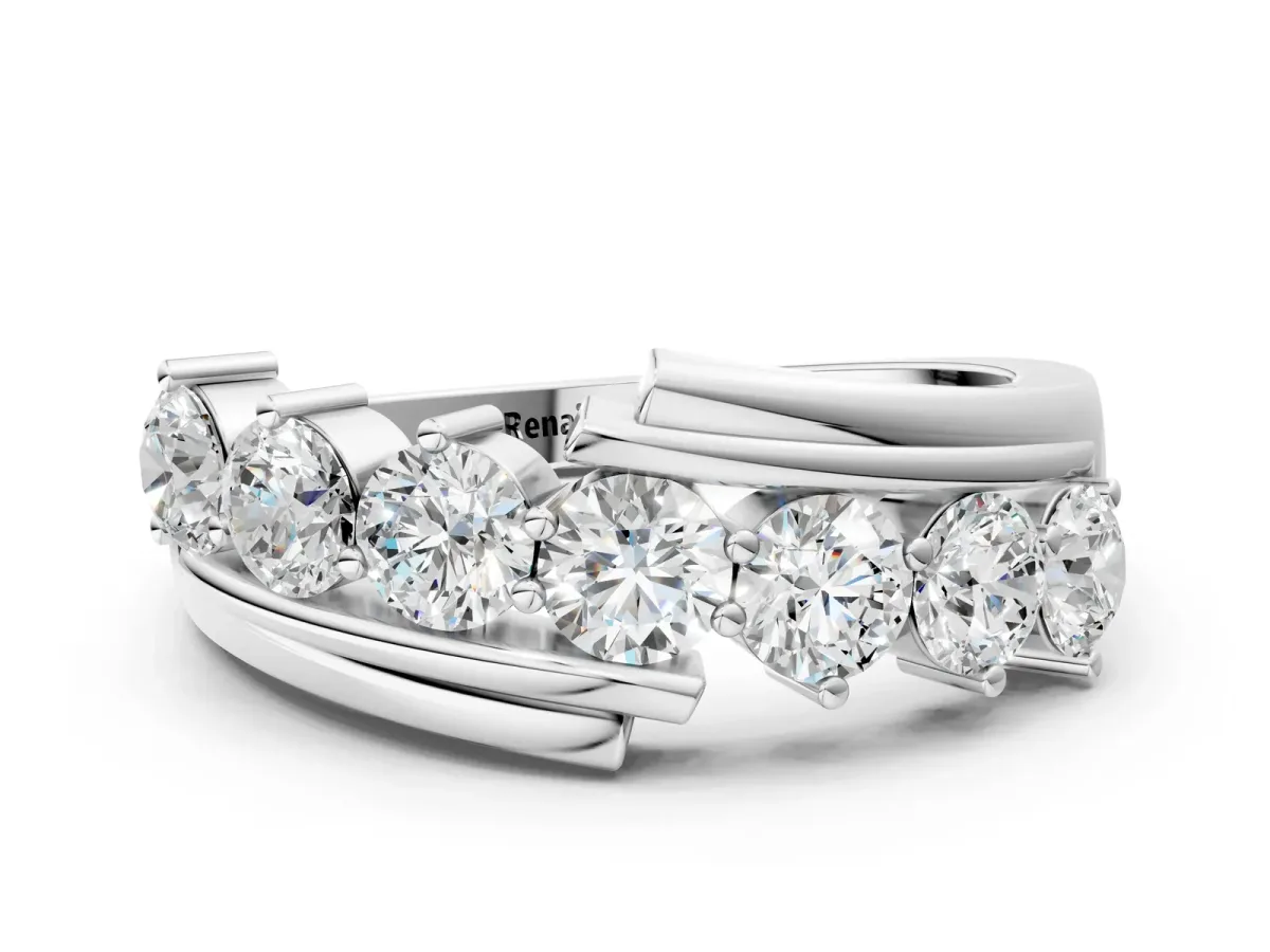 Round Diamond Wave Band with Channel and Shared Prong Setting Platinum