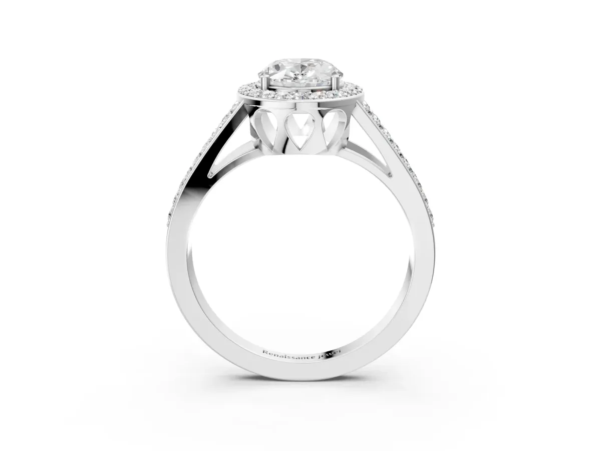 Oval Cut Diamond Halo Ring with Split Shank U-Prong Band and Four-Prong Setting Silver
