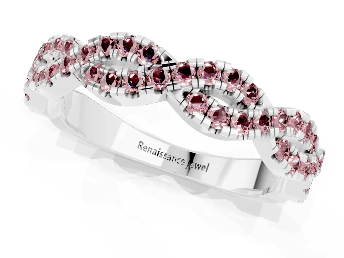 Round Morganite Twisted Eternity Band with Pavé and Shared Prong Setting White gold