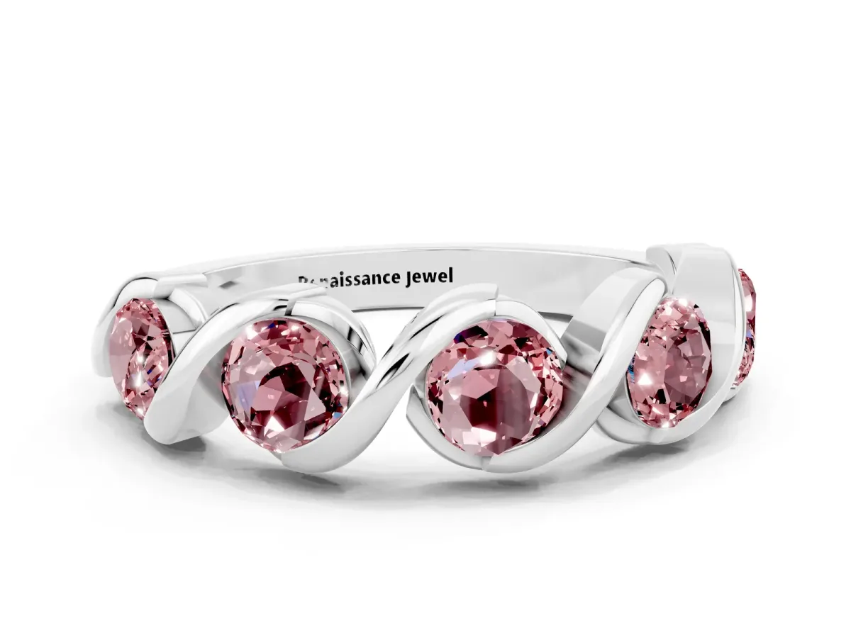 Round Morganite Wave Band with Channel Setting and Shared Prongs Silver
