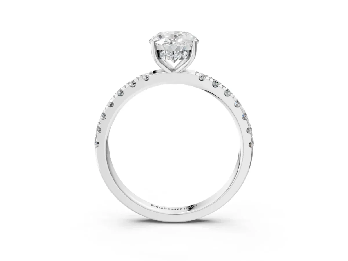 Oval Cut Diamond Pave Band Solitaire Ring with Round and Prong Setting Silver