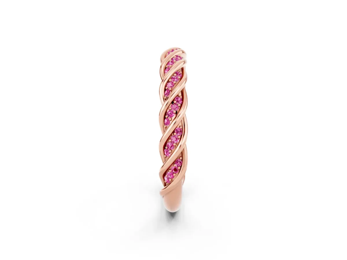 Twisted Pavé Round Pink Sapphire Eternity Band with Shared Prong Setting Rose gold